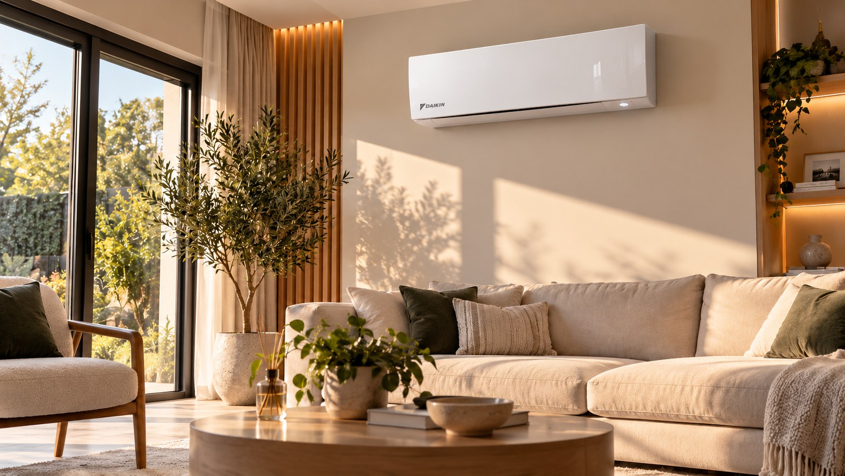 Premium Daikin wall-mounted air conditioner in a warm modern living room — illustrative visualisation